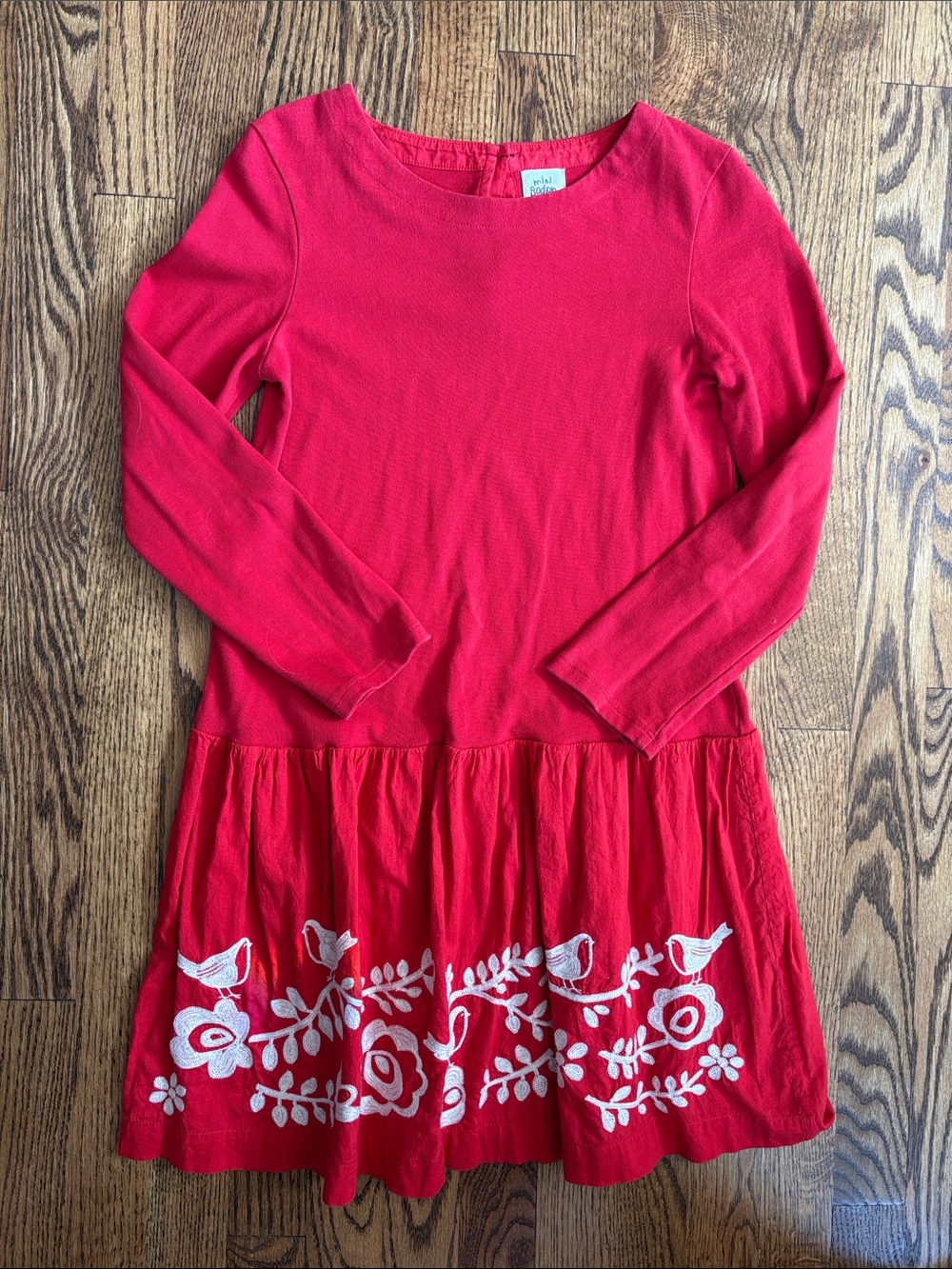 Mini Boden Red Long-Sleeve Dress with White Embroidered Birds & Florals 11-12